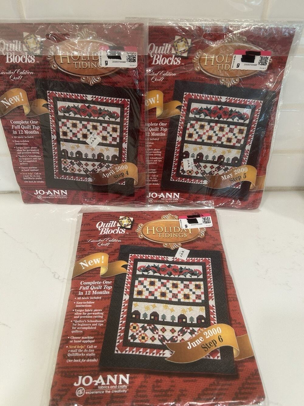 Vtg Holiday Tidings 2000 Joann Fabric Quilt Block Kits Set Of 3 Months Steps 4-6